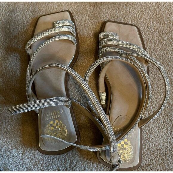 Vince Camuto Pertema Silver Rhinestone Ankle Wrap Strappy Flat Sandals 7 - Picture 2 of 5